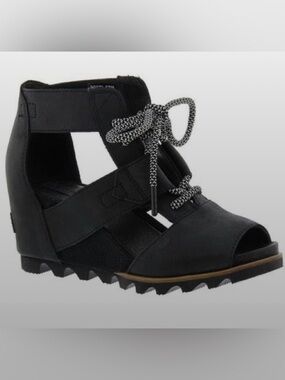 Sorel JOANIE™ Lace-Up Wedge Peeptoe Sandal In Black Size 8.5